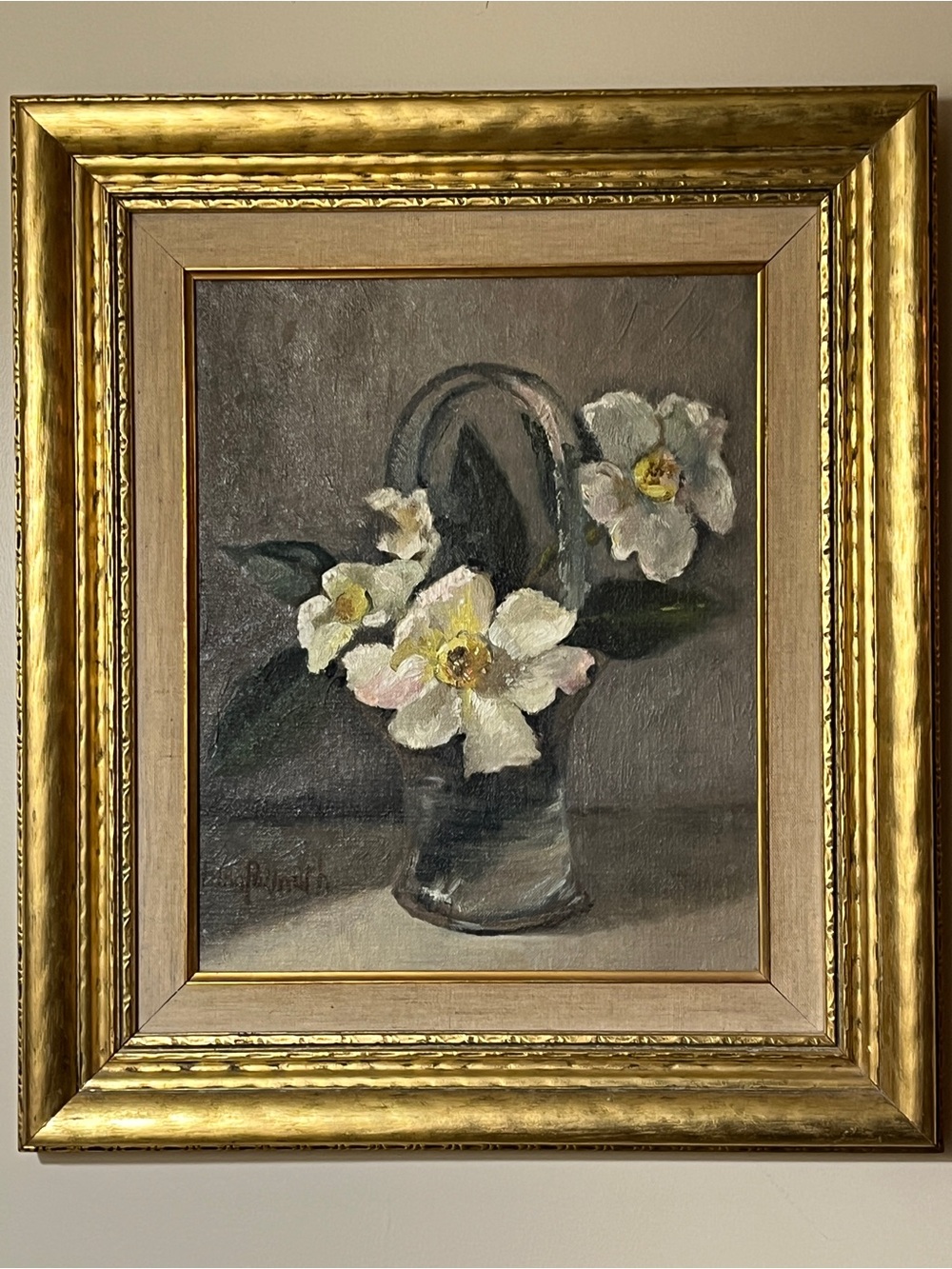 Oil painting of white Christmas roses in a basket-like vase by Edna
Palmkioth